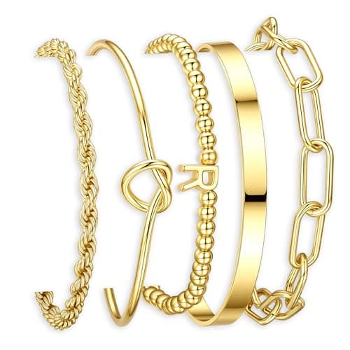 Turandoss 14K Gold Plated Initial Bracelets Set for Women Trendy, Dainty Letter R Gold Plated Beaded Stretch Bracelet 5PCS Stackable Knot Cuff Twisted Paperclip Bracelet Jewelry Gifts for Women - Image 1