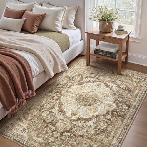 tchdio 3x5 Bedroom Area Rug, Non Slip Washable Entryway Rug Indoor, Soft Low Pile Vintage Door Mat, Stain Resistant Rug for Entrance, Bedside, Dining Room (Brown, 3'x5') - Image 1