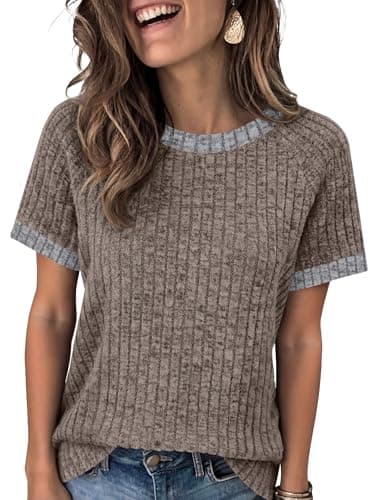 ANRABESS Womens Tops Summer Short Sleeve Shirts Dressy Casual Color Block Work Blouse 2026 Spring Trendy Lightweight Sweater Coffee Small - Image 1