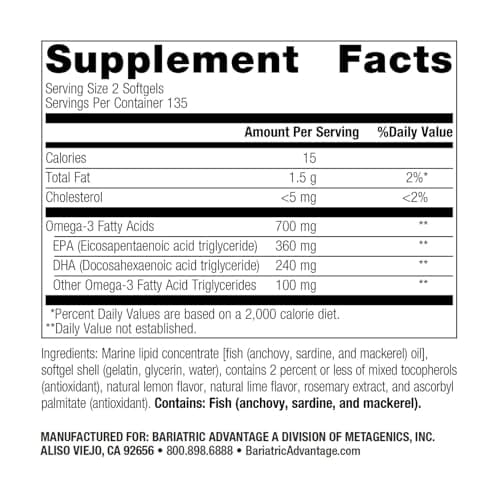 Bariatric Advantage Omega-3 300 EPA DHA Fish Oil Capsules, Concentrated Source of Fatty Acids from Sustainably Sourced Cold Water Fish - Lemon Lime, 270 Softgels - Thumbnail 4