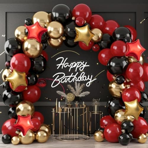 Red Gold Black Balloon Garland Arch Kit, 160Pcs Black Red Gold Latex Balloons with Star Foil Balloons for Anniversary Casino Night New Years Movie Night Birthday Party Decorations - Image 1