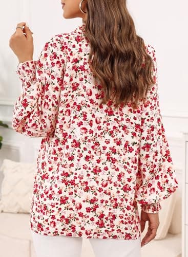 Dokotoo Womens Long Sleeve Tops for Women Work Business Button Down Ladies Blouses and Tops Loose Fit Dressy Allover Floral Print V Neck Office Boho Tunic Top 2026 Trendy Fall Outfits Red Large - Thumbnail 5