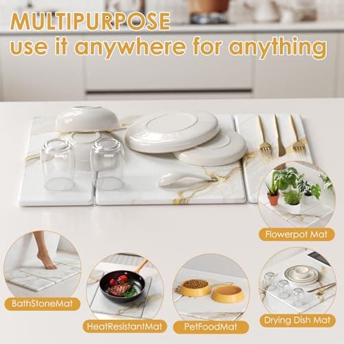 3-Piece Stone Dish Drying Mat Set for Kitchen Counter - Ultra-Absorbent Diatomaceous Earth Tray with Sink Faucet Protector - Quick Dry Minimalist Countertop Organizer for Dishes, Bottles & Cups - Thumbnail 3