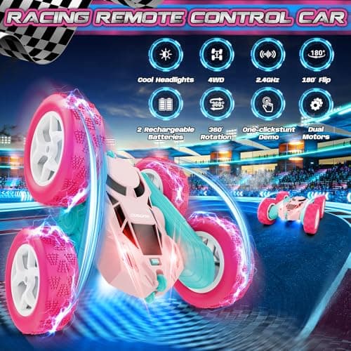 cosone RC Cars, Pink Remote Control Car for Girls, 2.4 GHZ Double Sided RC Stunt Car 360 Rotating Remote Control Cars with Headlights Toys for 6 7 8 9 10 11 12 Girls Birthday Gift - Thumbnail 4
