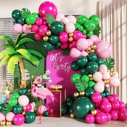 Tropical Flamingo Balloon Arch Kit 149Pcs Pink and Green Balloons Include Hot Pink Macaron Pink Green Gold Balloons with Palm Leaves for Hawaiian Luau Aloha Summer Beach Birthday Party Decorations - Image 1