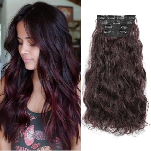 MEZIRU 20 Inches 4Pcs Clip in Natural Hair Extensions Long Wavy Synthetic Double Weft Natural Hair Extensions for Women Thick Extensions Clip ins (Black Mix Burgundy) - Image 1