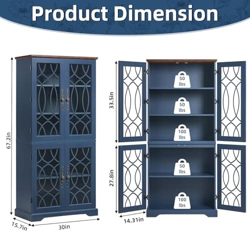 Joaxswe 67" Tall Bookshelf, Rustic Book Shelf w/Vintage Pattern Tempered Glass Doors, 5-Tier Wood Bookcase with Adjustable Storage Shelves, Retro Curio Display Cabinet for Living Room, Navy Blue - Thumbnail 2
