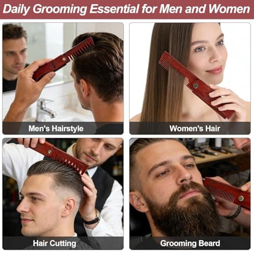 Woduelka 2 In 1 Folding Pocket Comb - Wooden Beard & Hair Styling Tool for Men, Fine Tooth & Wide Tooth Small Comb for Grooming Hair, Beards and Mustache, 180° Rotatable for Outdoor Travel & Home Use - Thumbnail 5
