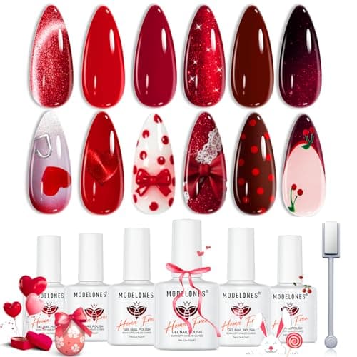 modelones Red Gel Nail Polish Set 6 Colors Burgundy Cherry Dark Red Cat Eye Glitter Color Changing 2026 Spring Hema&TPO Free Gel Polish Kit with Magnet Soak Off Nail Art DIY Gifts - Image 1