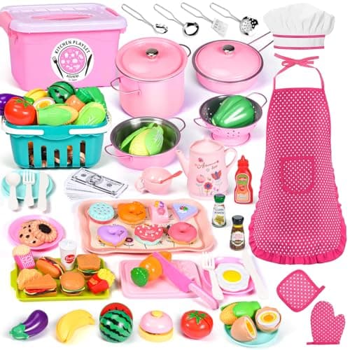 121Pcs Play Kitchen Accessories, Kids Kitchen Playset, Pretend Play Food Tea Party Set, Toy Kitchen Kids Cooking Real with Apron＆Chef Hat, Utensils Cookware Pots＆Pans, Toy Organizer, Toddler Toys Gift - Image 1