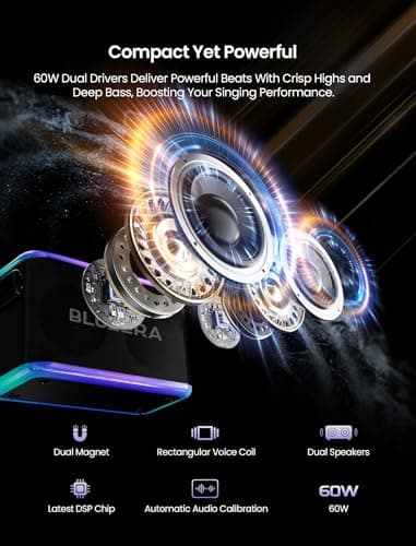 Karaoke Machine for Adults & Kids, Portable 60W Speaker, Rechargeable Wireless Microphones, Music Sync LED Lights for Party Holidays Teenagers, Black - Thumbnail 2