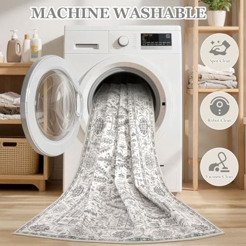 Area Rugs 5x7 for Living Room - Washable Soft Large Vintage Rug Non-Slip Stain Resistant Traditional Stain Resistant Indoor Floor Low Pile Carpet for Bedroom Dining Room or Home Office - White - Thumbnail 3