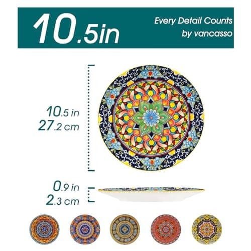 vancasso Bohemian Dinner Plates Set of 6, 10.5 Inch Ceramic Kitchen Plates for Dinner, Colorful Printed Dishes for Dining, Microwave & Dishwasher Safe Plate Set, Series KRVI - Thumbnail 2