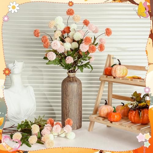 Ovveroche 16 Bundles Faux Silk Mums Chrysanthemums Pom Pom Ball Bouquet Kiku Flowers with Stem for Wedding, Home, Outdoor Table Vase Arrangement - Thumbnail 4