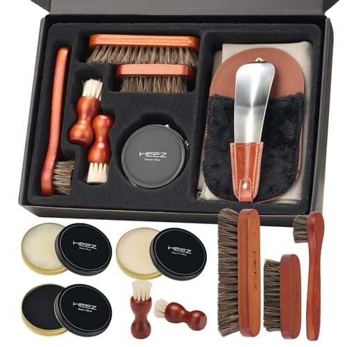 HEEZ 13 PCS Shoe Polish Kit, Shoe Shine Kit, Leather Boot Care Set with Black/Neutral Shoe Polish, Horsehair Brushes, Gifts for Men - Image 1