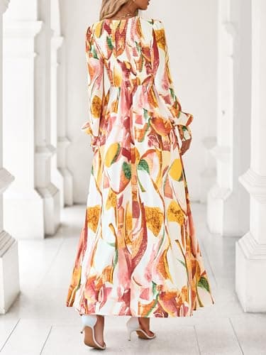 BTFBM Women Fall Wedding Guest Maxi Dresses 2025 Floral V Neck Long Sleeve Boho Long Dress Vacation(Pink Watercolour,Medium) - Thumbnail 3