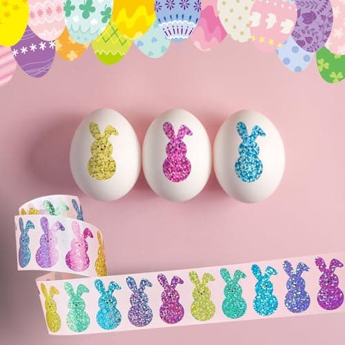 Oeyliz Easter Bunny Stickers Roll Easter Glitter Bunny Stickers Sparkly Colorful Rabbit Pattern Decals Easter Rabbit Adhesive Decal for Envelope Cards Gift Decor Holiday DIY Craft 500 PCS - Thumbnail 4