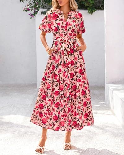 BTFBM Summer Dresses for Women 2026 Boho Short Sleeve V Neck Button Belt Flowy Spring Clothes Beach Vacation Maxi Dress(Floral Red Orange Pink, Medium) - Thumbnail 2