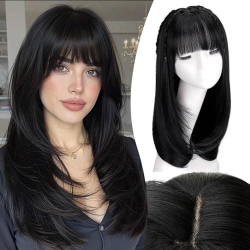 NOSTALGIA Black Straight Layered Wig with Bangs for Women, 4x4 Realistic Scalp, Free Parting, Realistic Natural Looking Heat Resistant Synthetic Wigs for Daily Party Cosplay Use 20Inch - Image 1