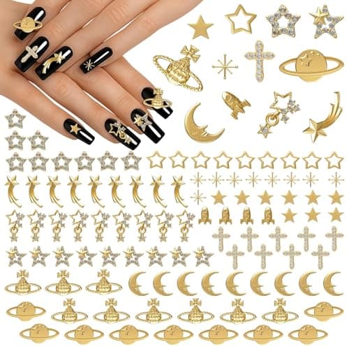 110Gold Nail Charms and Gems - Complete Set for Stylish Art Designs with Rhinestones - Easy-to-Apply Star Charms for Nails, Durable Gold Nail Gems for Creative DIY Projects | Professionals & Beginners - Image 1