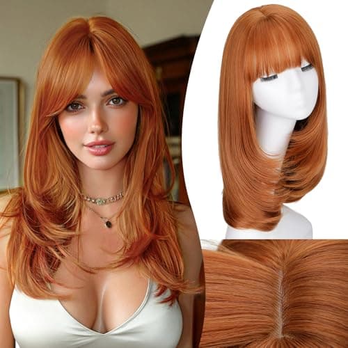 NOSTALGIA Ginger Wig with Bangs for Women, 20 Inch Layered Hairstyle with 4x4 Realistic Scalp,Free Parting,Heat Resistant for Daily Party Cosplay Use - Image 1