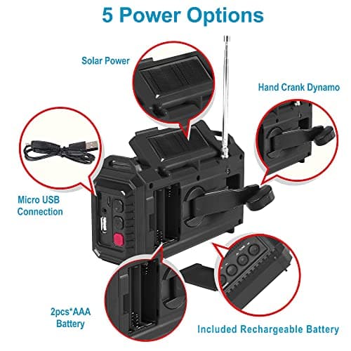 Auto NOAA Digital 5000 Weather Radio with Backlit LCD Screen, 5 Way Powered Solar Hand Crank Portable AM/FM/Shortwave Emergency Radio/Phone Charger,Read Lamp/Camping Flashlight,Earbud Jack,Clock,SOS - Thumbnail 5