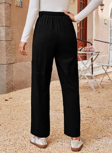 Dokotoo Linen Pants Women High Waisted Drawstring Stretch Pants 100% Cotton Casual Loose Outdoor Travel Trousers Elastic Waistband with 4 Pockets Black - Thumbnail 3