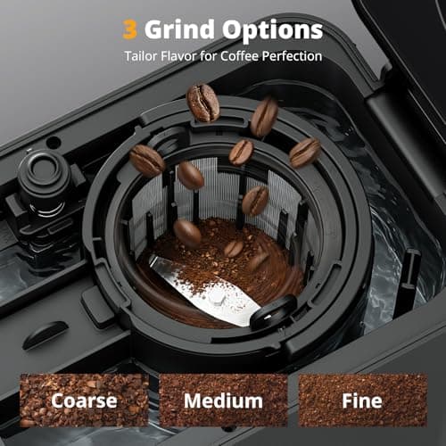 AIRMSEN Grind & Brew Coffee Maker with Built-in Grinder, Programmable Single Serve Coffee Maker - 5 Cup Capacity, 3 Grind Settings, Auto Keep Warm & Glass Carafe for Home and Office - Thumbnail 4