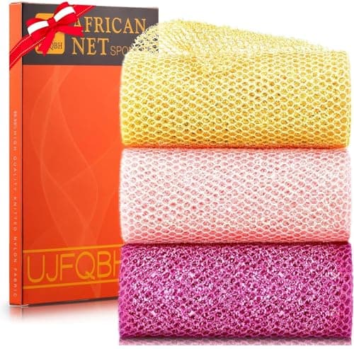 3 Piece Bright Style African exfoliating net Exfoliating Shower Set Long Bath Sponges for Smooth, Refreshed Skin, The Exterior Gleams - Ideal for Daily Use (Bright Yellow, Pink, Purple) - Image 1