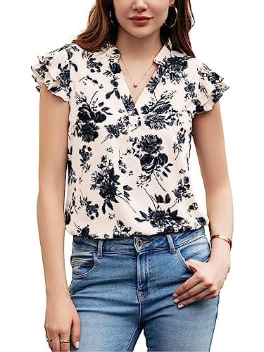 Sucolan Womens Blouses Dressy Casual Sexy V Neck Floral Tank Shirts Cap Sleeve Cute Summer Tops for Women Beige Flower XL - Image 1