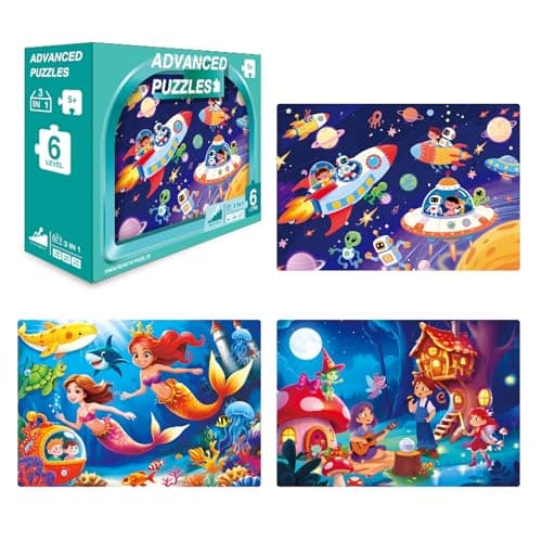 NurtureNook Puzzles for Kids Ages 6-8, 3-in-1 Progressive Jigsaw Puzzle Set (108, 120, 135 Pieces), Advanced Fantasy Toys (Space, Mermaid & Magic Forest), Birthday Gift with 3 Storage Boxes - Image 1