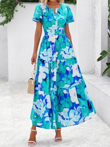 BTFBM Womens Summer Floral Maxi Dresses V Neck Short Sleeve Boho Casual Flowy Long Wedding Guest Dress Beach Vacation(Floral Blue Green, Medium) - Thumbnail 2