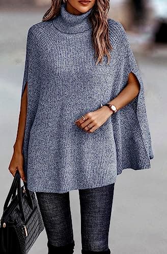 KIRUNDO Women's 2026 Fall Winter Turtleneck Poncho Sweater Fashion Chunky Knit Cape Wrap Sweaters Pullover Jumper Tops(Grey Blue, Small) - Thumbnail 2