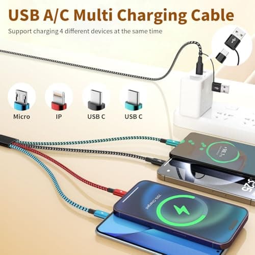 Travel 4 in 2 Multi Charging Cable, USB A/C Charging cords with Dual Type-C/Lightning/Micro USB, Universal iPhone Charger Cord for iPhone Series/Androids/Tablets, Multi Charger Cable (2Pack, 5FT) - Thumbnail 2