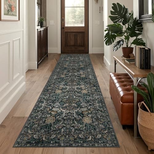 Luxcrest Green 2x10 Runner Rug: Vintage Floral Washable Rugs for Entryway Hallway Bedside Kitchen Indoor - Soft Non-Slip Stain Resistant Low Pile Carpet - Dark Green - Thumbnail 4