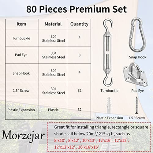 Morzejar Sun Shade Sail Hardware Kit 80pcs - 304 Stainless Steel Sunshades Canopy Installation Kit for Install Rectangle & Triangle Shade Sails Deck Garden Lawn Patio Outdoor Metal Sail Shade Hardware - Thumbnail 2