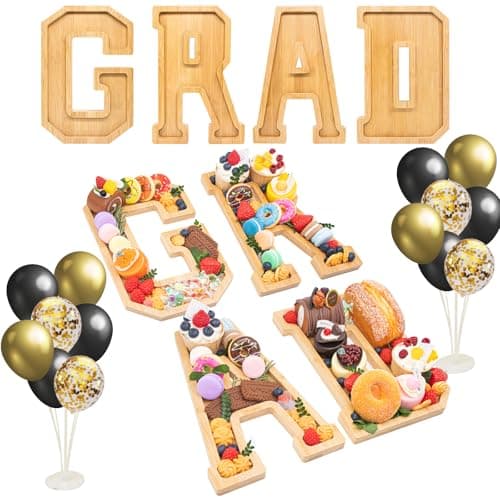 4PCS Wooden Graduation Decorations Number Charcuterie Board Box-(with 14 Balloons) GRAD Charcuterie Numbers Fillable Food Graduation Party Supplies Suitable for 2025 Party Graduation Decoration - Image 1