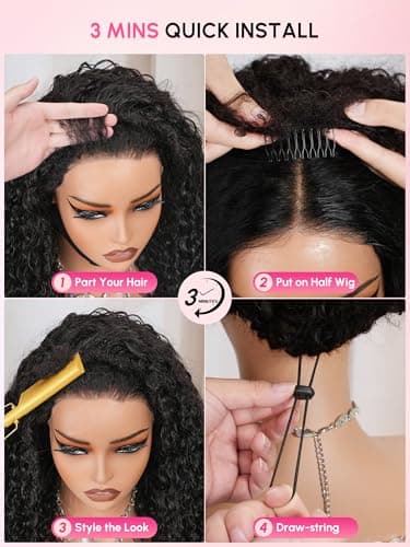 shangyinfa 28 Inch Water Wave Half Wig Human Hair | Glueless 3-In-1 Flip Over | 4C Edges Invisi Drawstring | 180 Density Tiny Leave-Out for 3B/3C | Pool-Ready | All-Day Protective Style - Thumbnail 3