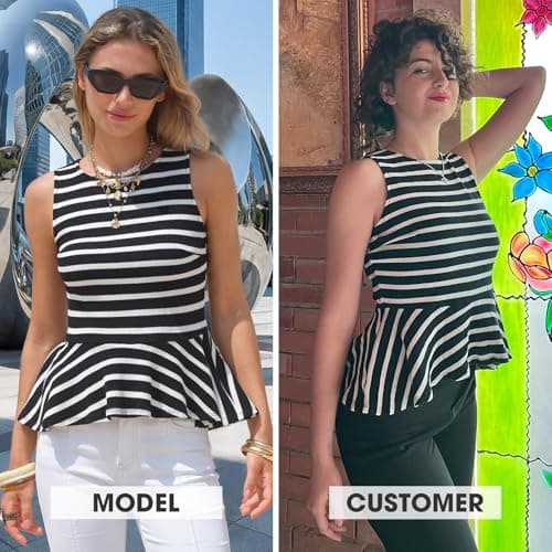 EXLURA Women Summer Tank Tops 97% Cotton Waffle Knit Peplum Top Sleeveless Crewneck Striped Ruffle Hem Business Casual Shirts Black White - Thumbnail 2