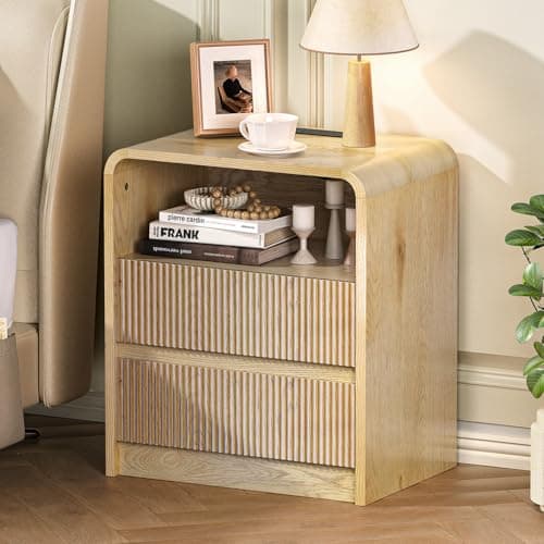 Modern Fluted Nightstand with Charging Station, 25 Inch Tall Bedside Table with 2 Drawers | Fluted Wood Design, USB Ports & AC Outlets | Sturdy Wooden End Table for Bedroom, Living Room (Nature Wood) - Image 1