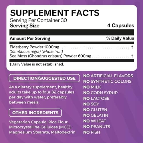 TrueSeaMoss Irish Sea Moss Capsules - 120 Elderberry Capsules (1600mg) - Fruit Extracts Superfood - For Overall Wellness - Thumbnail 2