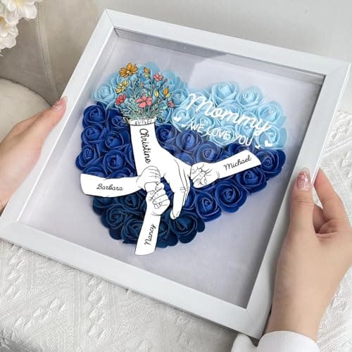 ROSLILY Custom Mom Flower Shadow Box Mom We Love You Flower Box Personalized Heart Shaped Name Frame for Mom Grandma Family Birthday (Hand by Hand, 8*8in/20*20cm) - Thumbnail 6