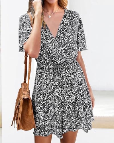 KIRUNDO Womens Summer Dresses 2026 Casual Spring Short Sleeve V Neck Ruffle Floral Print High Waist Belted Flowy Mini Dress(Small, Black) - Thumbnail 5