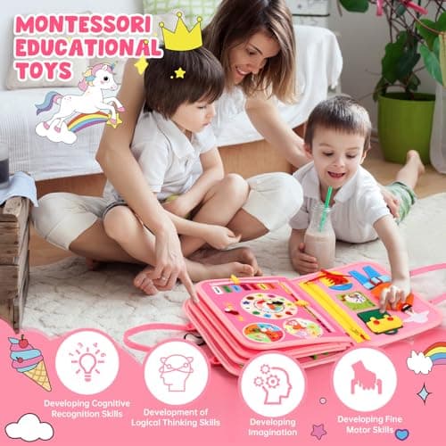 AJsupojouet Toddler Busy Board，Busy Book Montessori Toys，Toys for 3 Year Old Girl Birthday Gift，Sensory Bins Toys，Learning Toys，Preschool Learning Activities Book Airplane Travel Essential Kid Toys - Thumbnail 6