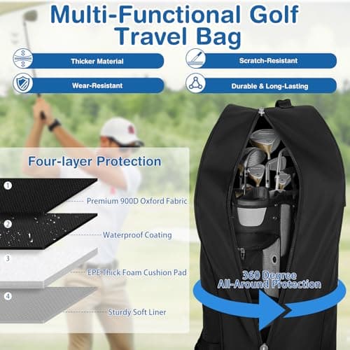 Golf Travel Bags for Airlines - 900D Heavy Duty Polyester Oxford Travel Golf Bag with Wheels, Golf Club Bag Cover Lightweight Soft Wear-Resistant Universal Size, Black - Thumbnail 2