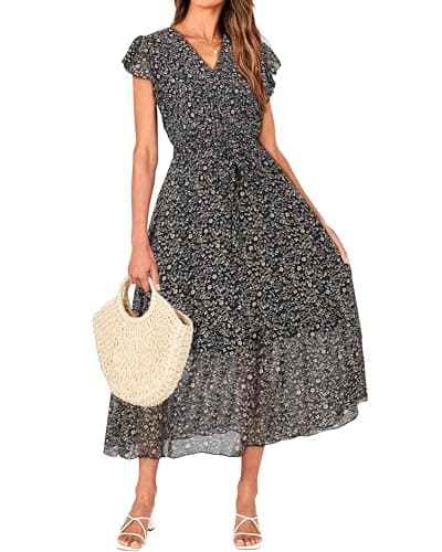 BTFBM Women Summer Bohemian Floral Casual Wrap V Neck Ruffle Cap Sleeveless Belt A-Line Pleated Hem Swing Midi Sun Dress (Floral Black, Small) - Image 1