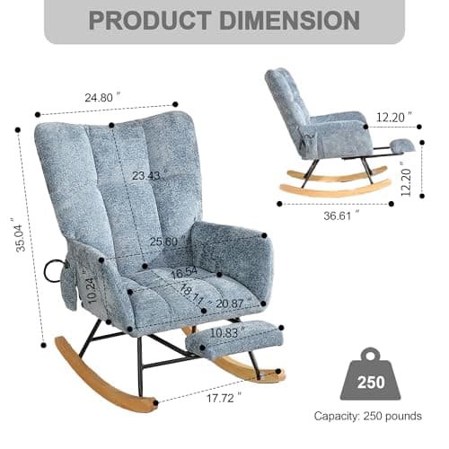 Chistronger Rocking Chair Nursery with Airbag, Comfy Modern Nursery Rocking Reading Chair Indoor with Footrest, Cozy Upholstered Glider Rocker Chairs for Living Room Bedroom Offices(Chenille, Blue) - Thumbnail 2