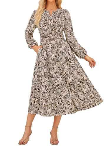GRACE KARIN Long Sleeve Dress for Women 2026 Spring Wedding Guest Dress Floral Boho A Line Flowy Maxi Dresses with Pockets Brown 2XL - Image 1
