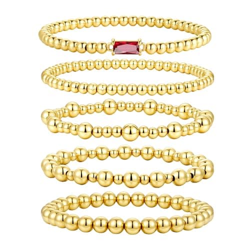 Turandoss January Birthstone Bracelets for Women - Dainty Layered Created Garnet Red Birthstone Elastic 14K Gold Plated Beaded Bracelet Set Trendy Birthday Jewelry Gifts for Women - Image 1
