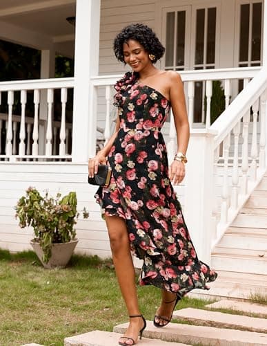 GRACE KARIN Women 2026 Summer One Shoulder Dresses Sleeveless Floral Flowy Boho Smocked Maxi Sundresses Black 8 - Thumbnail 2